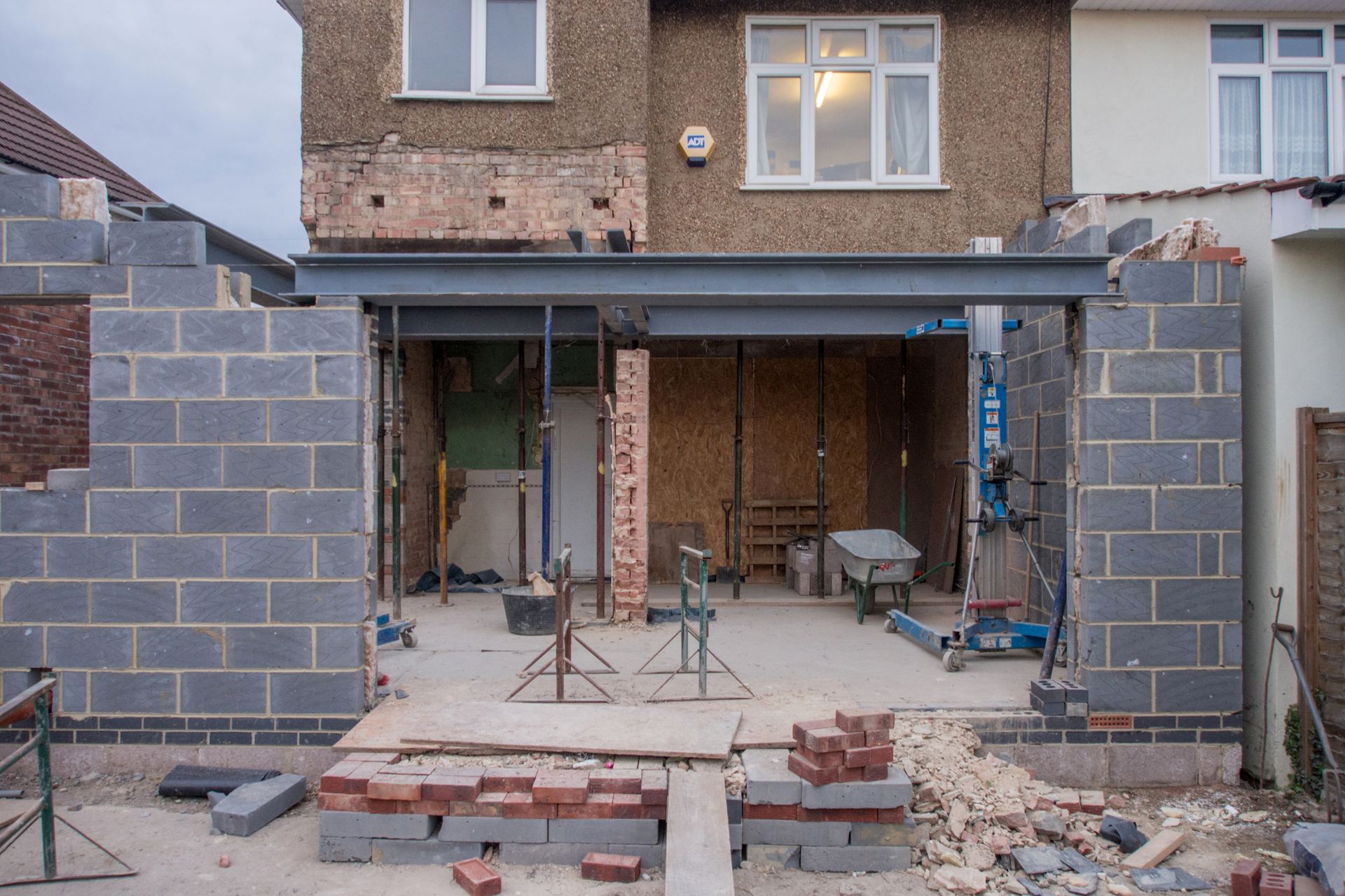 Rear extension under construction on a South London semi, steels and blockwork in by Build Site
